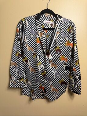 Louche London Jude Pooch Stripe Dog Print Blouse Shirt Size 4 RARE